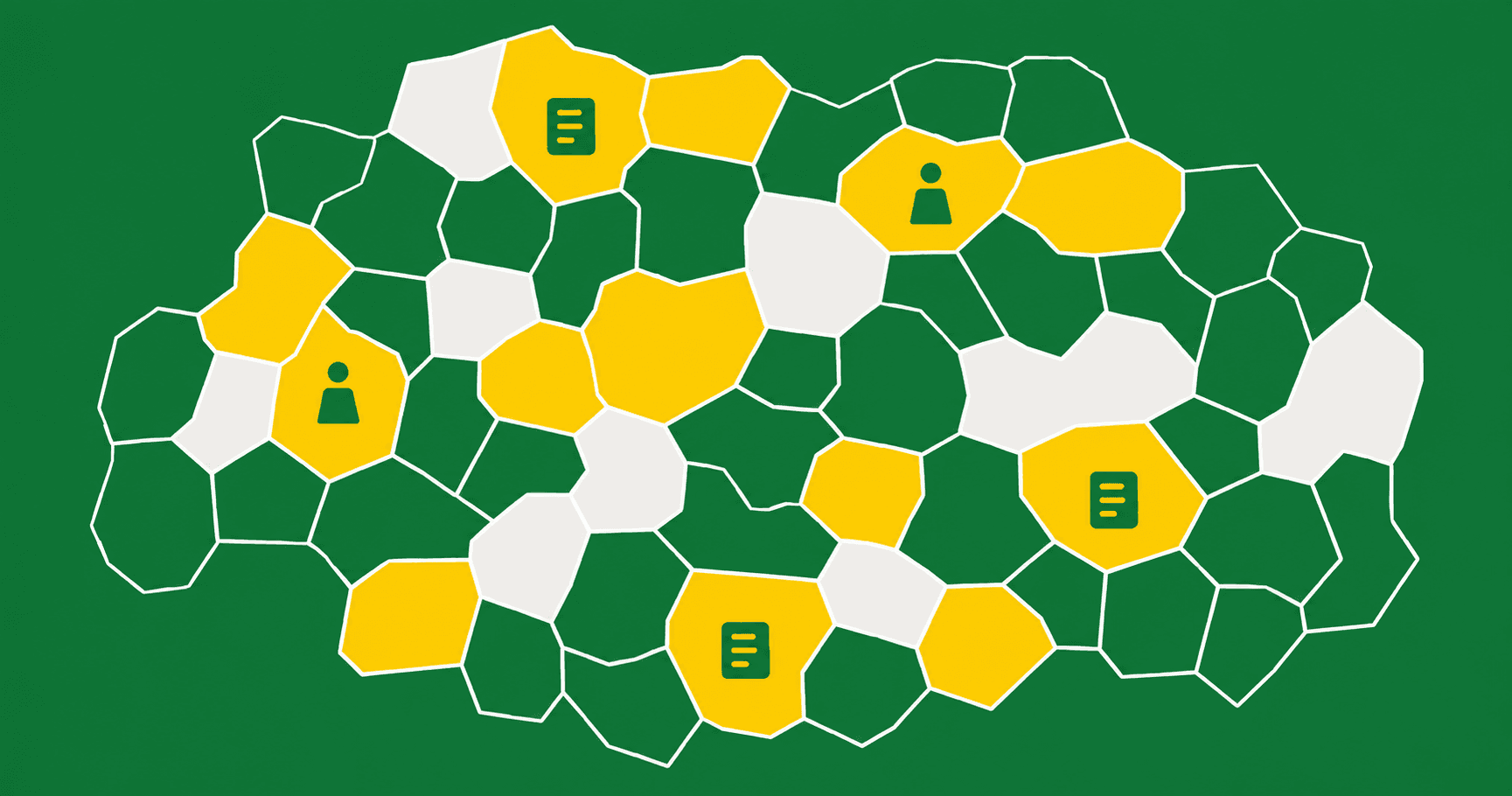 Ilustração vetorial de malha territorial verde, com polígonos irregulares em amarelo, cinza claro e contorno branco, representando a variação na cobertura de dados de emprego formal do turismo entre municípios paulistas.