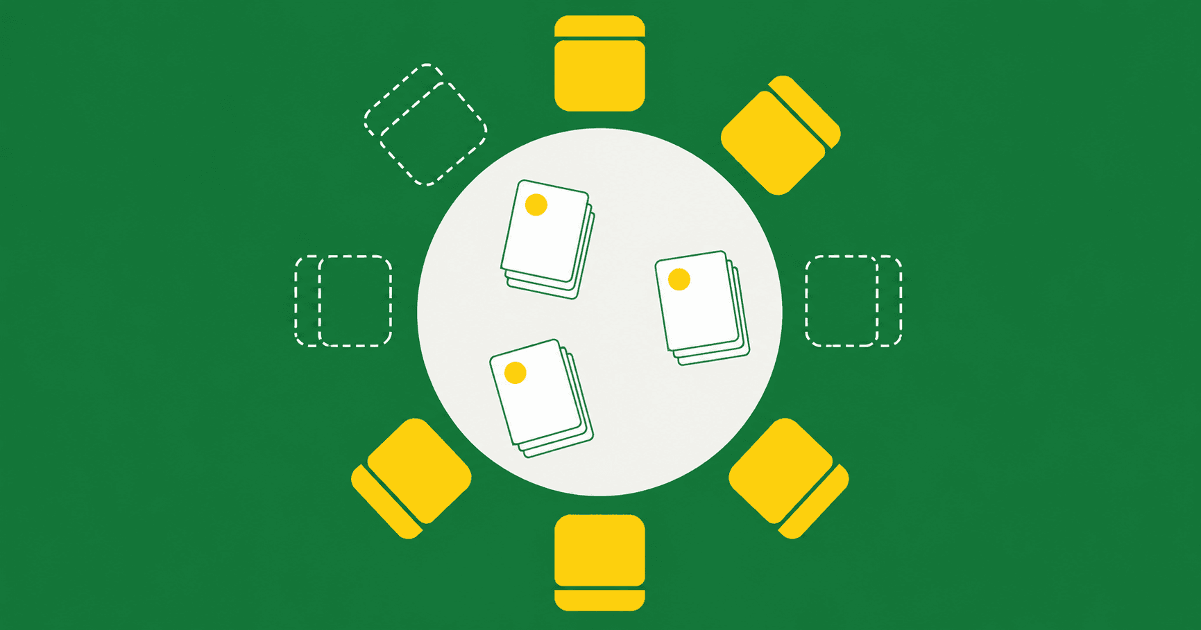Ilustração vetorial de uma mesa de reunião vista de cima, com cadeiras em amarelo e em contorno tracejado branco ao redor, e três pilhas de documentos com selo sobre a mesa, representando processos de registro de atas em cartório.